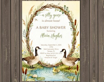 Invitación para baby shower de Silly Goose, invitación para baby shower de Storybook Goose Pond, plantilla de bosque neutral en género (editable, descarga instantánea)