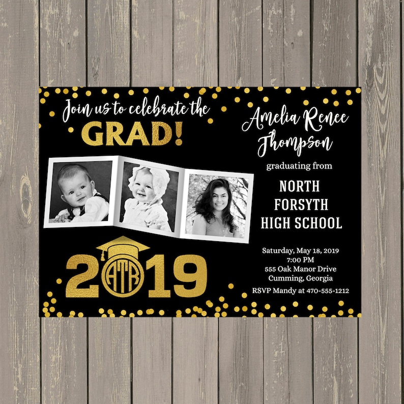 Black and Gold Three Photo Graduation Invitation Printable or Printed Gold Foil Look Monogram Photo Collage Graduation Party Invitation