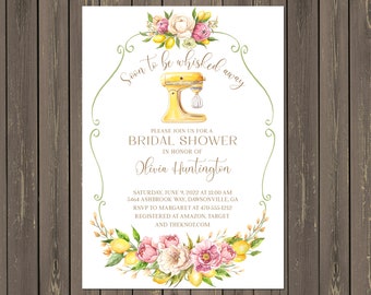 May include: Bridal shower invitation with watercolor floral and lemon accents. The invitation features the text "Soon to be whisked away" and details for Olivia Huntington's bridal shower, including date, time, and location.