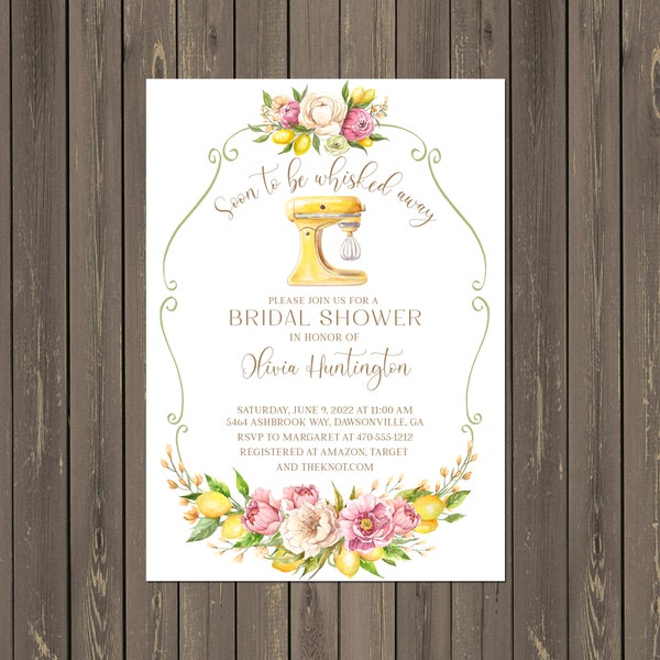 Soon to be Whisked Away Bridal Shower Invitation, Mixer Stock the Kitchen Bridal Shower, Watercolor,  Pink, Yellow, Printable or Printed