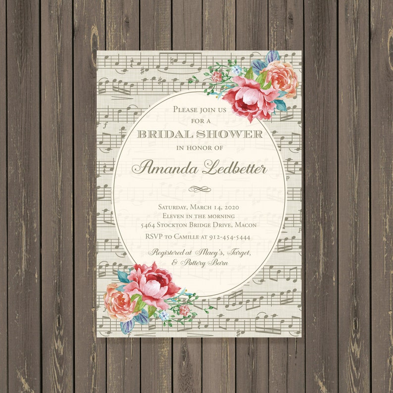 Printable or Printed Music Note Watercolor Floral Bridal Shower Invitations Sheet Music Shower Invitation Music Bridal Shower Invitation