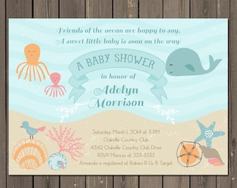 Ocean Baby Shower Invitation, Under the Sea Baby Shower Invite, Sea Baby Shower, Whale, Octopus, Shells, Beach, Gender Neutral