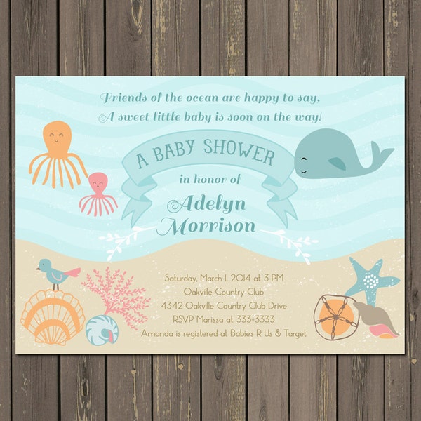 Ocean Baby Shower Invitation, Under the Sea Baby Shower Invite, Sea Baby Shower, Whale, Octopus, Shells, Beach, Gender Neutral