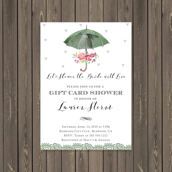 Umbrella Gift Card Bridal Shower Invitation, Floral Gift Card Shower, Couples Gift Card Party, Watercolor Gift Card Shower, DIY or Printed