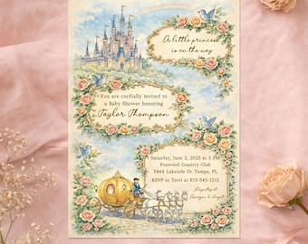 Vintage Storybook Princess Baby Shower Invitation, Watercolor Castle & Rose Garden Frame, Custom Printed or Printable