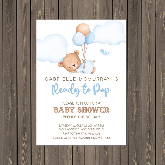 Teddy Bear Ready to Pop Baby Shower Invitation, About to Pop Baby Shower, Baby Boy Shower, Balloons Baby Shower, Printable or Printed Il_570xn