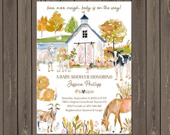 Farm Animals Baby Shower Invitations: Rustic Barnyard Cottagecore (Printable or Printed)