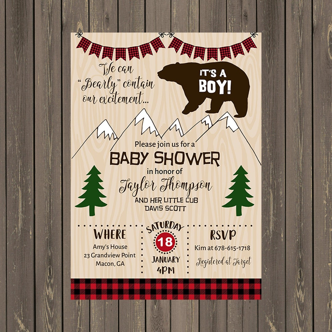 Bear Baby Shower Invitations, Mountain Bear Red and Black Plaid Baby ...