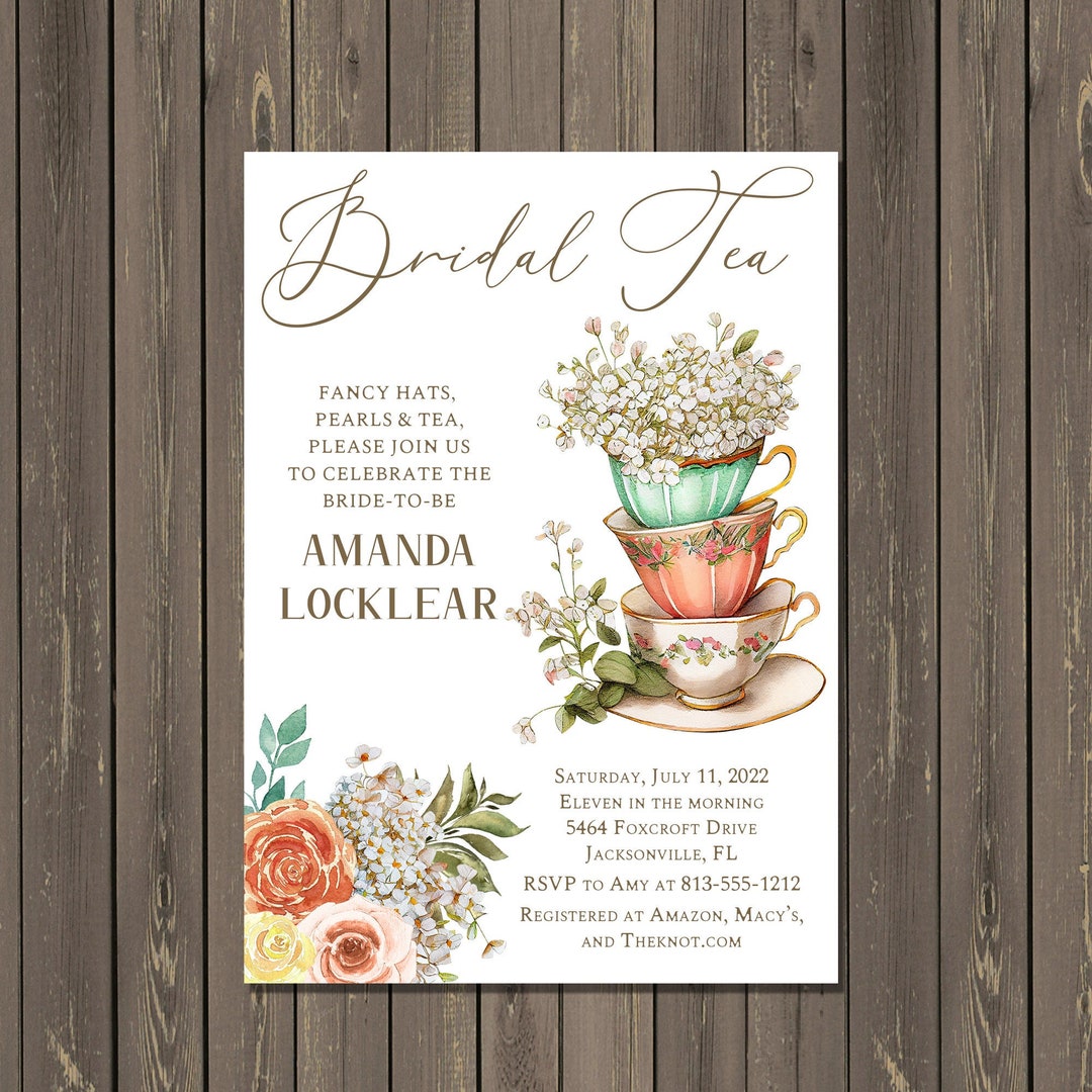 Bridal Tea Party Invitation, Peach and Green Vintage Tea Cup Bridal