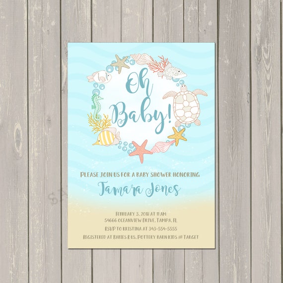 Ocean Baby Shower Invitation, Under the Sea Baby Shower Invite, Sea Baby Shower, Ocean Wreath, Pink or Blue, Printable or Printed Il_570xn