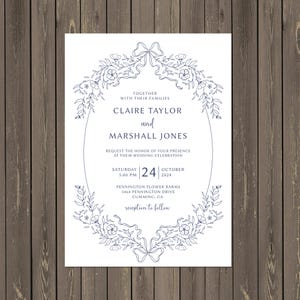 Faire-part de mariage floral bleu marine élégant dessiné à la main Design botanique minimaliste, nœud, faire-parts imprimés personnalisés ou imprimables, toutes les couleurs