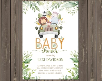 Jungle Animals Baby Shower Invitation, Safari Greenery, Gender Neutral (Printable or Printed)