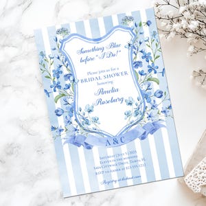May include: A blue and white bridal shower invitation with the text "Something Blue before 'I Do!'". The invitation features a floral design and the names Amelia Roseburg and A & C. The date and time are also included.