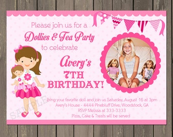 Doll Birthday Party Invitation, Doll Baby Birthday Party Invite, Baby Doll Birthday Invitation, Doll Birthday Tea Party, Any hair color