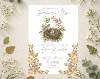 Invitación para baby shower con temática de nido de pájaro: género neutro, con plumas (imprimible o impresa)