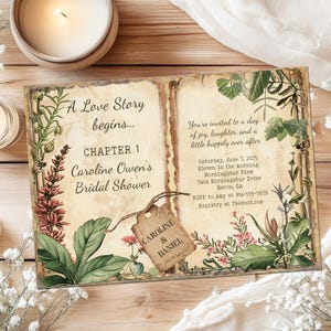 Storybook Botanical Bridal Shower Invitation with Vintage Book and Floral Details Custom Printed Invitations or Printable
