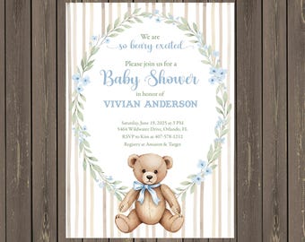 Blue Teddy Bear Baby Shower Invitation • Floral Frame (Editable Download)