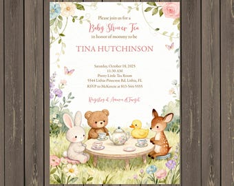 Invitación para baby shower, invitación para fiesta de té con cuentos, plantilla editable para baby shower con animales del bosque y jardín, descarga instantánea