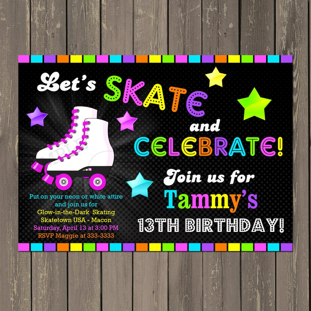 Roller Skating Birthday Invitation, Skate Party Invitation, Glow in the ...