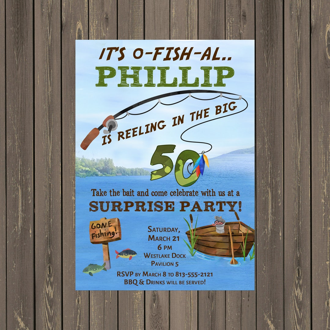 Adult Masculine Fishing Birthday Party Invitation, 50th 60th 70th