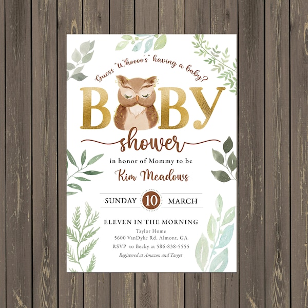 Owl Baby Shower Invitation, Owl and Greenery Baby Shower Invitation, Gender Neutral, Green and Gold, Printable or Printed