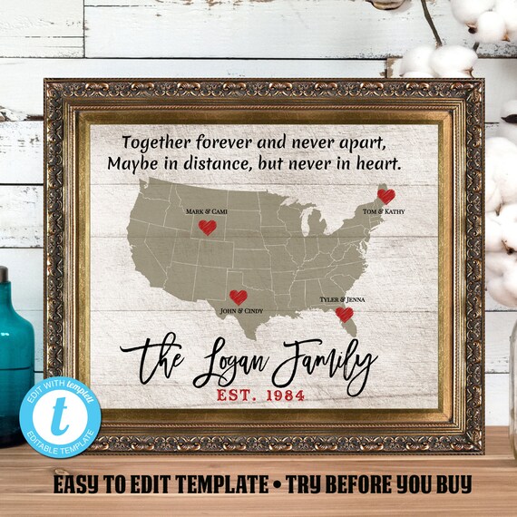 Family Personalized Map Print. Long Distance Family Map Print, Family Wall Art, Housewarming, Anniversary Gift, Instant Download, Editable Il_570xn