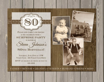 Adult Masculine Birthday Invitation, Woodgrain Birthday Invite, Photo Collage Adult Birthday Invitation, Any Age, Printable or Printed