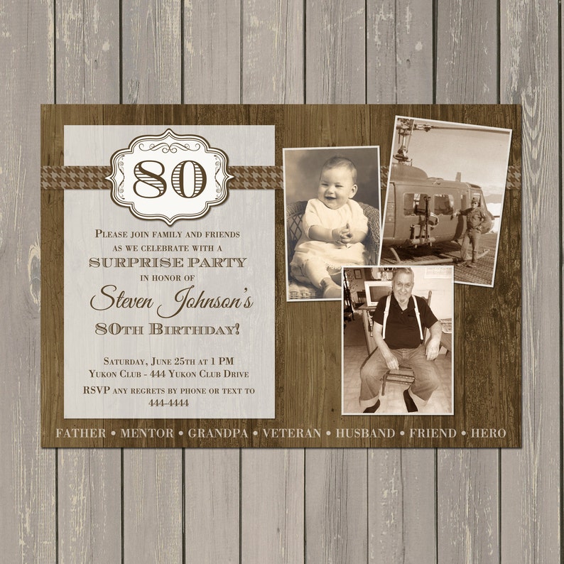 Printable or Printed Adult Masculine Birthday Invitation Woodgrain Birthday Invite Any Age Photo Collage Adult Birthday Invitation