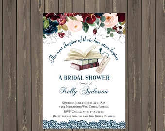 Book Themed Bridal Shower Invitation, Library Shower Invitation, Book Lover Invitation, Navy & Burgundy Book Shower, Printable or Printed