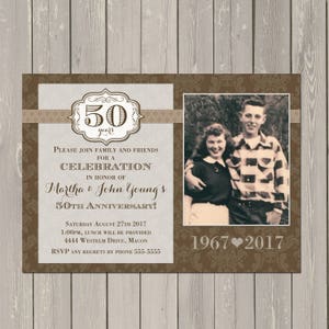 50th Wedding Anniversary Invitation, Wedding Anniversary Invitation in Brown Damask with Photo, Any Color, Printable or Printed