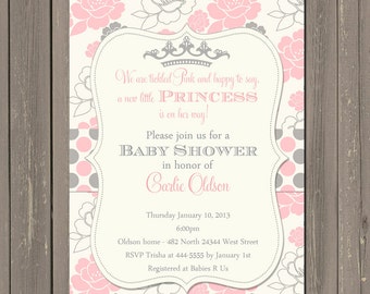 Princess Baby Shower Invitation, Pink and Grey Floral with Polka Dots, Tickled Pink Baby Shower Invitation, Tiara