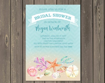 Beach Bridal Shower Invitation, Shells Bridal Shower Invitation, Watercolor Shell Invitation, Starfish Bridal Shower, Ocean Bridal Shower