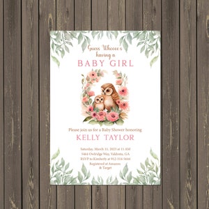 Owl Baby Shower Invitation, Pink Watercolor Floral Owl Baby Shower Invitation, Greenery, Printable or Printed