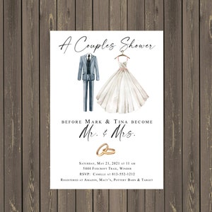 Bride and Groom Couples Shower Invitation, Wedding Dress and Suit Invitation, Couples Wedding Shower, Modern Shower, Printable or Printed