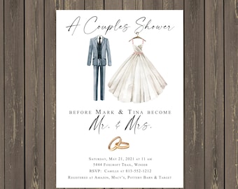 Bride and Groom Couples Shower Invitation, Wedding Dress and Suit Invitation, Couples Wedding Shower, Modern Shower, Printable or Printed