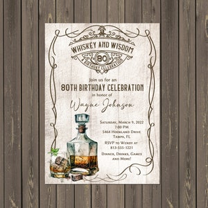 Whiskey Birthday Invitation, Whiskey and Wisdom Men&#39;s Birthday Invitation, Aged to Perfection, Any Age, Printable or Printed