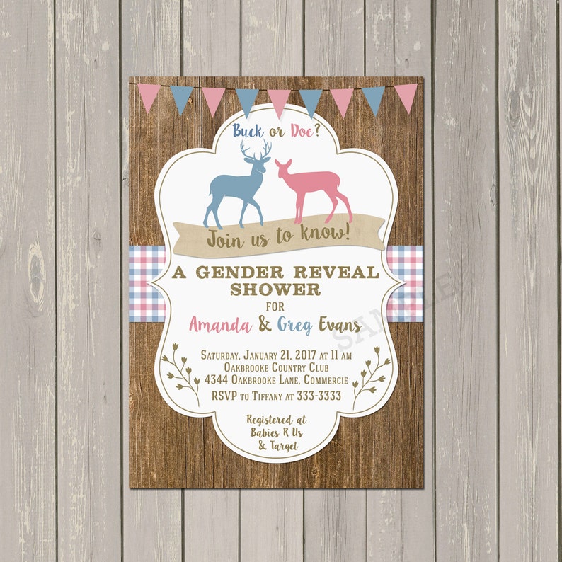 Deer Baby Shower Gender Reveal Invitation, Buck or Doe Gender Reveal Party Invitation, Rustic Deer Shower Invitation, Printable or Printed image 1