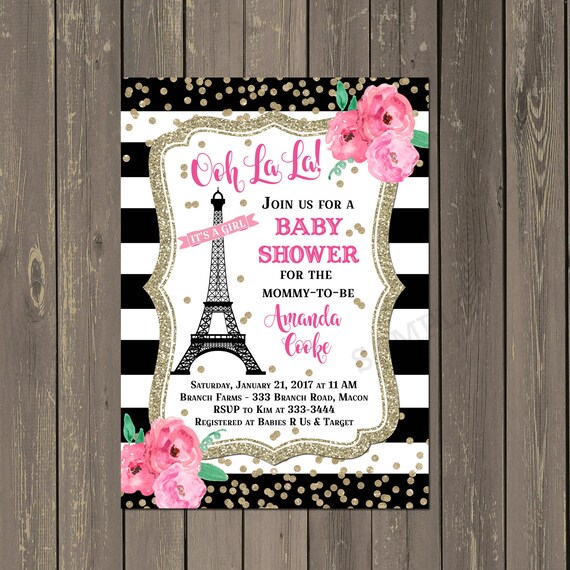 Paris Baby Shower Invitation, French Eiffel Tower Shower Invitation, Paris Black and White Baby Shower Invite, DIY or Printed Il_570xn