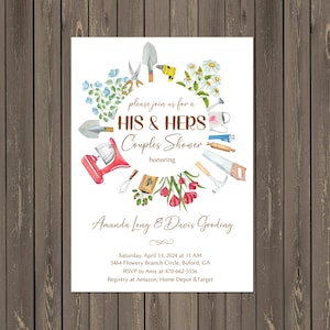 May include: A watercolor invitation for a couples shower, featuring a circular arrangement of gardening and kitchen tools, flowers, and the text "HIS & HERS Couples Shower." The names Amanda Long & Davis Gooding are also displayed.