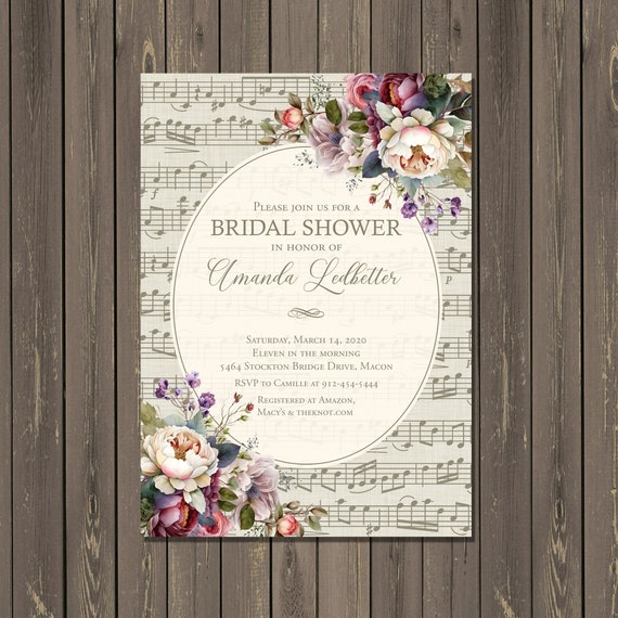 Music Bridal Shower Invitation, Sheet Music Shower Invitation, Music Note Watercolor Floral Bridal Shower Invitations, Printable or Printed Il_570xn