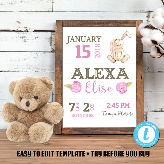 Birth Stats Printable Wall Art, Baby Girl Birth Stats, Bunny Rabbit Birth Stats Print, New Baby Gift, Instant Download, Easy to Edit Il_570xn