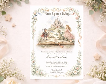 Könnte beinhalten: Eine rechteckige Babyparty-Einladungskarte mit einer Aquarellillustration eines Ritters, einer Prinzessin und eines Drachen, die aus einem offenen Buch vor einem Schloss hervorgehen. Der Text lautet Once Upon a Baby, Laura Knudson.
