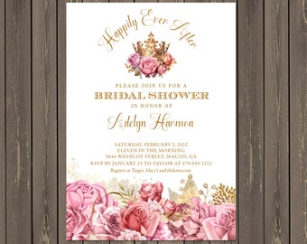 Princess Bridal Shower Invitation: Pink Gold Watercolor Roses (Printable or Printed)