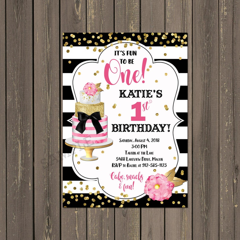 Pink and Black Party Invitation Fun to be One invite 1st Birthday Invitation Girls 1st Birthday Cake First Birthday Party Invitation