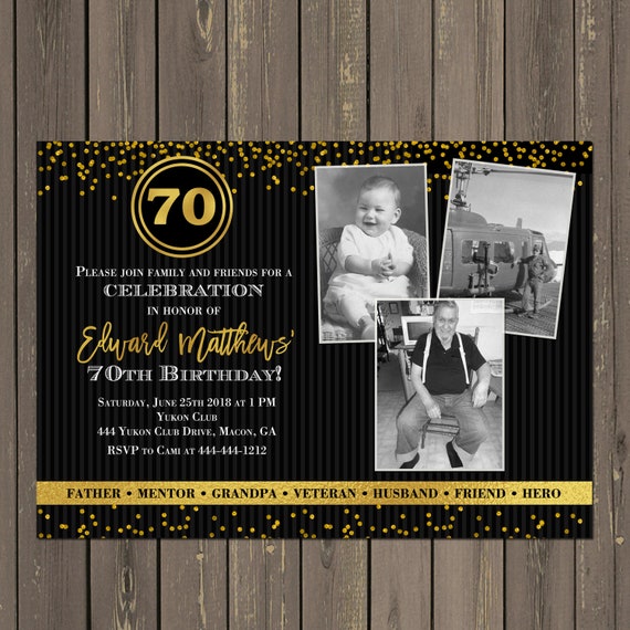 Adult Birthday Invitation, Black and Gold Birthday Invite, Photo Collage Adult Birthday Invitation, Any Age, Printable or Printed Il_570xn