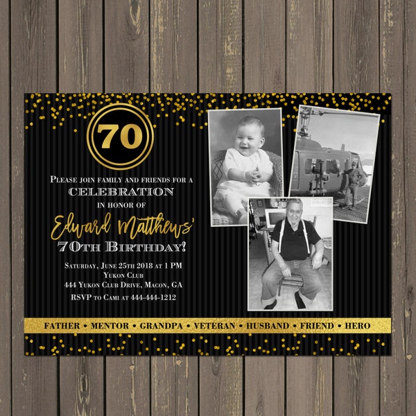 Black and Gold Photo Collage Birthday Invitation (Printable or Printed)