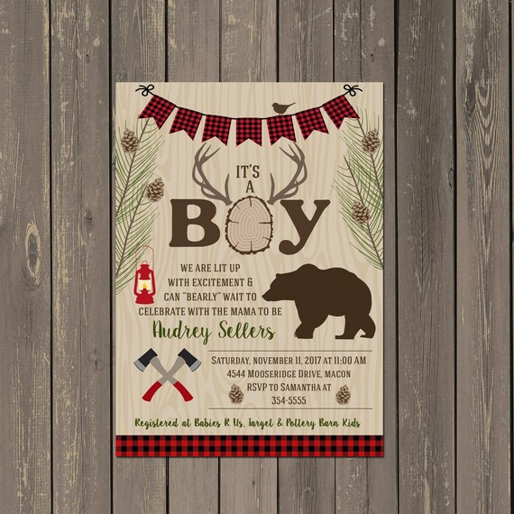 Lumberjack Baby Shower Invitation, Plaid Baby Shower, Lumberjack Flannel Baby Shower Invitation, Bear Invitation, Deer Shower Invitation Il_570xn