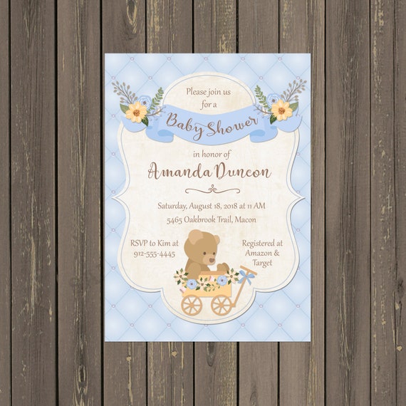 Teddy Bear Baby Shower Invitation, Teddy Bear Baby Boy Shower Invitation, Blue Bear in Wagon Baby Shower Invitation, Printable or Printed Il_570xn