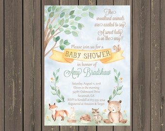 Woodland Baby Shower Invitations, Forest Animals Shower Invite, Woodland Themed Invite, Bear, Fox, Bunny, Hedgehog, DIY or Printed