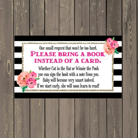 Book Request Insert, Black and White Stripe Baby Shower Book Card, Floral and Gold Glitter Books for Baby, Instant Download Il_570xn